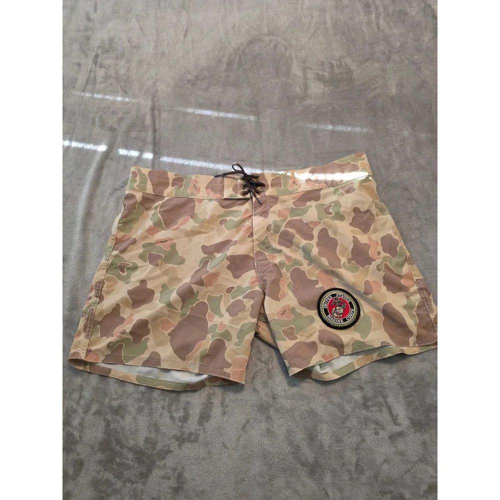 Birdwell Beach Britches Board Shorts Mens 38 Tan USMC Frogskin Camo Patch